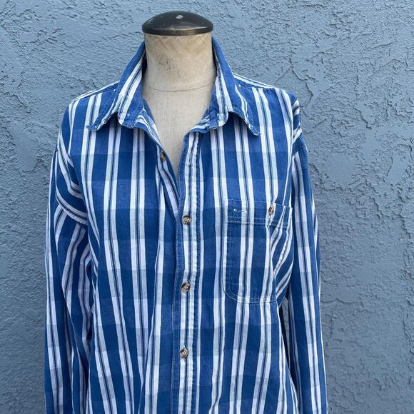 Vintage Cotton Shirt in Mens Large Blue Plaid 90s button down - Picture 5 of 11